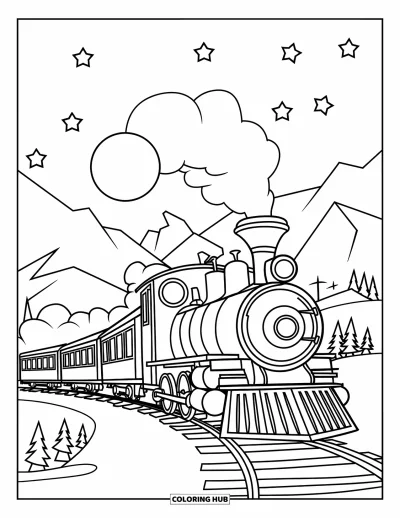 Train Coloring Page for Kids: A wooden steam train travels under a starry sky with a glowing moon and distant mountains