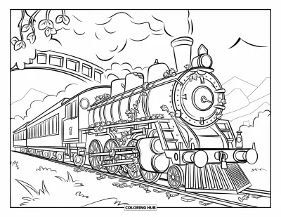 Train Coloring Page for Kids: An abandoned steam train covered in vines stands near a bridge in a foggy, mountainous setting