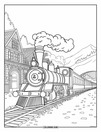 Train Coloring Page for Kids: An old-fashioned train travels through a town with cobblestone streets, surrounded by rolling hills