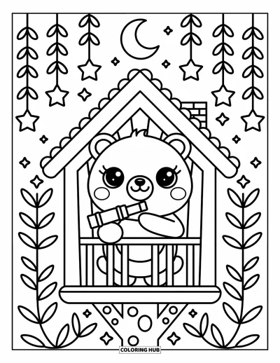 Desenho de Casa na Árvore para Adultos: Um urso com um telescópio em uma varanda, cercado por estrelas e vinhas