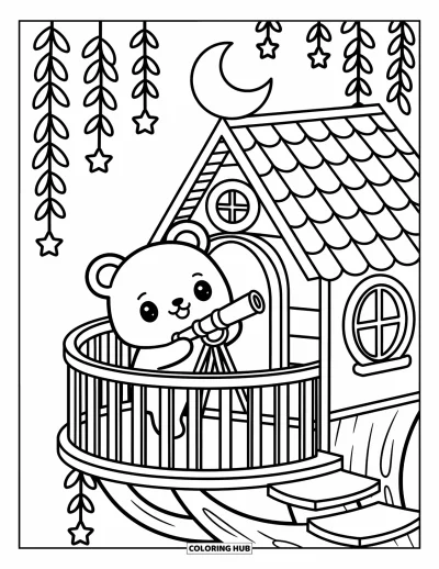 Desenho de Casa na Árvore para Adultos: Um urso com um telescópio em uma varanda aconchegante da casa na árvore sob as estrelas