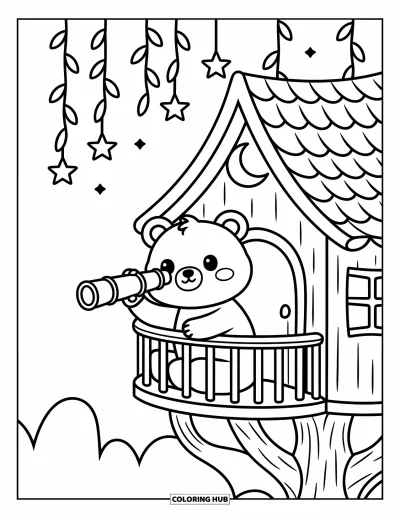Desenho de Casa na Árvore para Adultos: Um urso com um telescópio em uma varanda da casa na árvore sob estrelas e uma lua