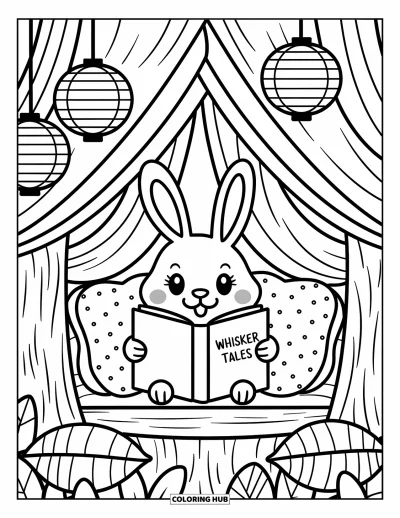 Desenho de Casa na Árvore para Adultos: Um coelho em um canto da casa na árvore com um livro, lanternas e cortinas macias