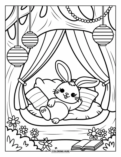 Desenho de Casa na Árvore para Adultos: Um coelho lendo em um canto aconchegante da casa na árvore com lanternas e cortinas