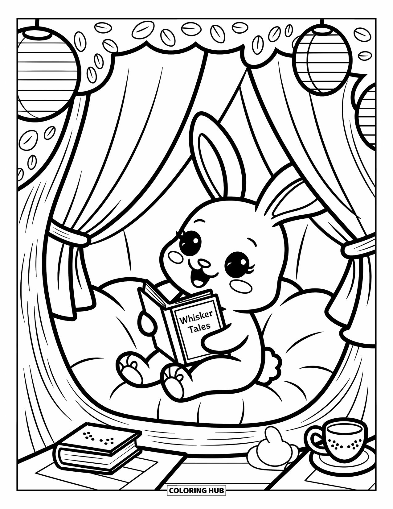 Treehouse Coloring Page for Adults: A bunny reading in a treehouse with lanterns and fluttering curtains
