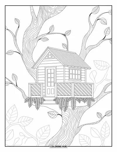 Desenho de Casa na Árvore para Adultos: Uma casa na árvore em estilo cabana com treliças entre galhos frondosos