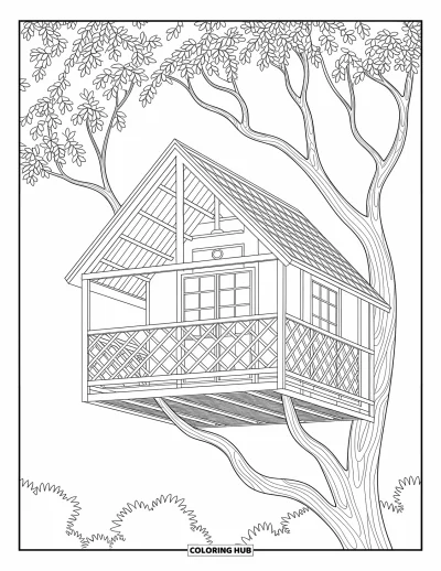 Desenho de Casa na Árvore para Adultos: Uma casa na árvore em estilo cabana com treliças e galhos detalhados