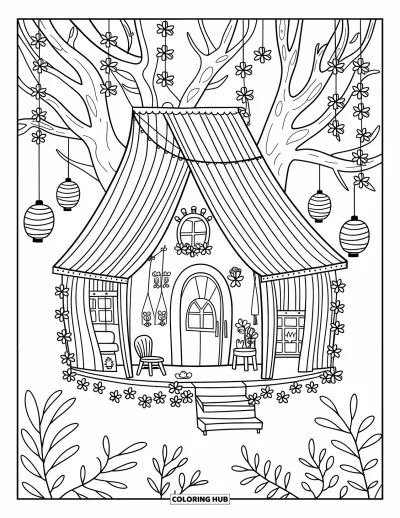 Desenho de Casa na Árvore para Adultos: Uma charmosa casa na árvore com lanternas, cortinas e cadeirinhas