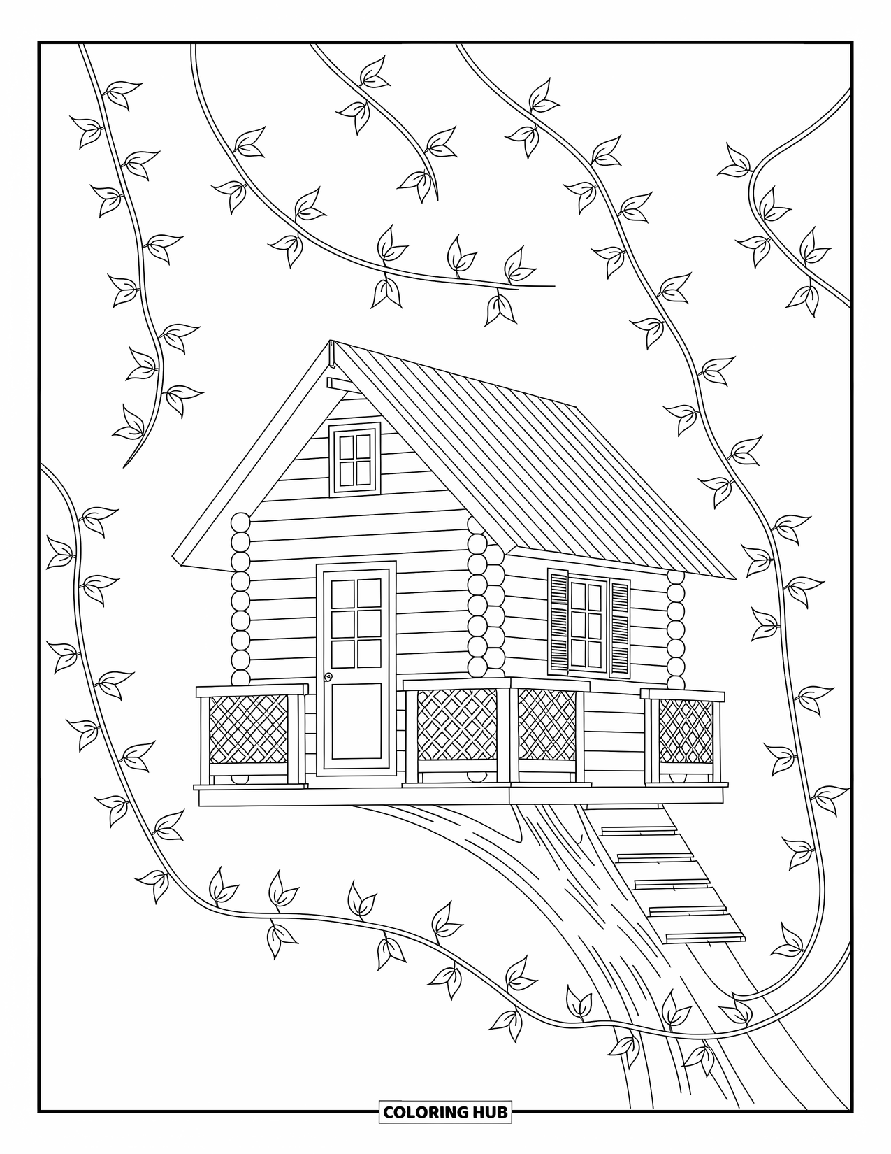 Treehouse Coloring Page for Adults: A cozy cabin-style treehouse with latticework and vines