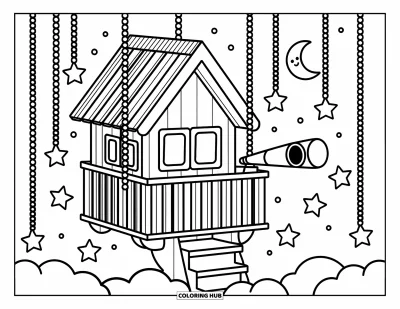 Desenho de Casa na Árvore para Adultos: Uma varanda aconchegante na casa da árvore com um telescópio e estrelas penduradas acima