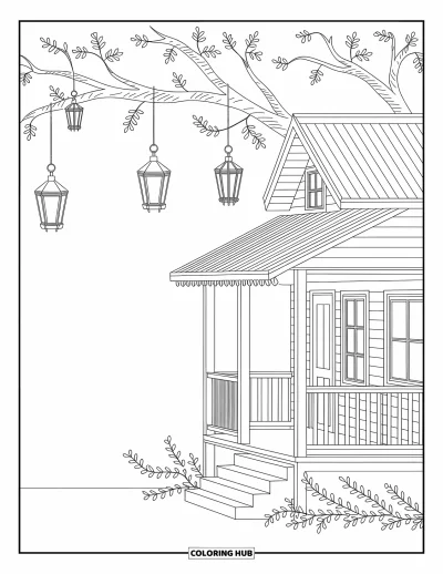 Desenho de Casa na Árvore para Adultos: Uma casa na árvore aconchegante com lanternas e uma varanda rústica entre vinhas