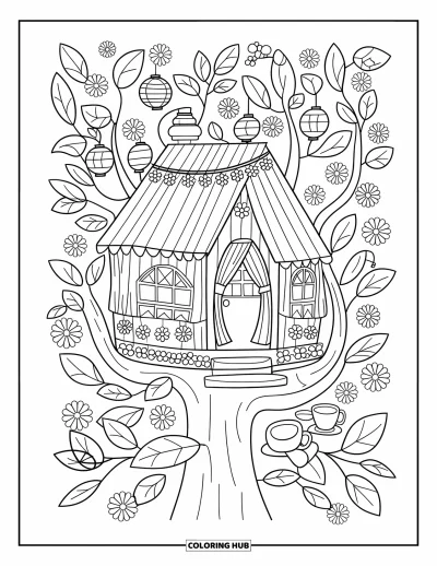 Desenho de Casa na Árvore para Adultos: Uma casa na árvore aconchegante com lanternas, cortinas e guirlandas de flores