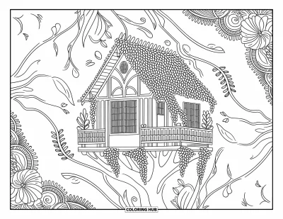 Desenho de Casa na Árvore para Adultos: Uma casa na árvore criativa cercada por padrões florais e varandas charmosas
