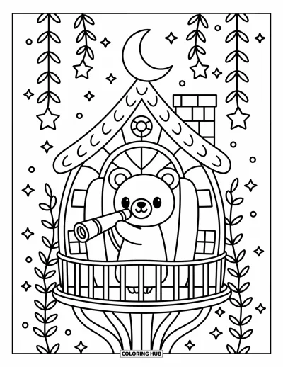 Desenho de Casa na Árvore para Adultos: Um urso fofo admirando as estrelas com um telescópio em uma varanda da casa na árvore