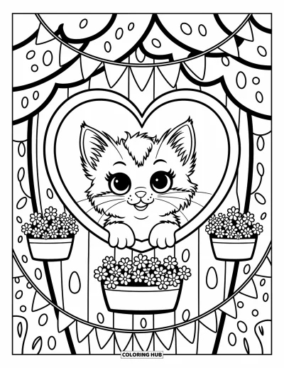 Desenho de Casa na Árvore para Adultos: Um gatinho fofo em uma janela em forma de coração de uma casa na árvore com bandeiras e luzes