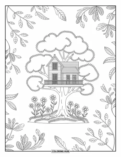 Desenho de Casa na Árvore para Adultos: Uma casa na árvore detalhada com flores e pássaros entre vinhas rodopiantes