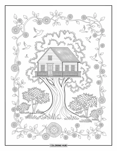 Desenho de Casa na Árvore para Adultos: Uma casa na árvore detalhada com flores, pássaros e vinhas rodopiantes