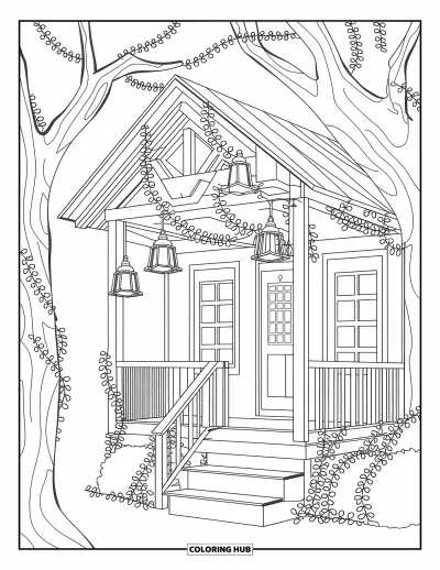 Desenho de Casa na Árvore para Adultos: Uma casa na árvore detalhada com lanternas, uma varanda rústica e vinhas
