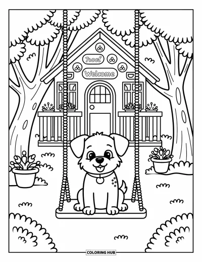Desenho de Casa na Árvore para Adultos: Um cachorrinho feliz em um balanço sob uma casa na árvore com vasos de plantas