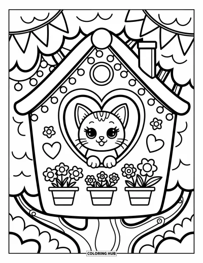 Desenho de Casa na Árvore para Adultos: Um gatinho espiando por uma janela em forma de coração de uma casa na árvore decorada