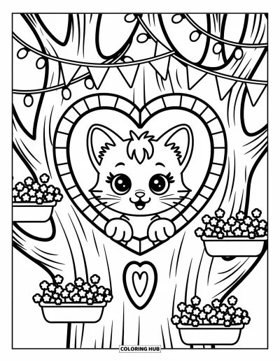 Desenho de Casa na Árvore para Adultos: Um gatinho espreita pela janela de uma casa na árvore com bandeirinhas e luzes de fada