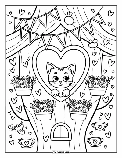 Desenho de Casa na Árvore para Adultos: Um gatinho espiando por uma janela em forma de coração de uma casa na árvore com flores