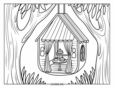 Desenho de Casa na Árvore para Adultos: Um café em miniatura na casa da árvore com jogos de chá e bolos em uma floresta caprichosa
