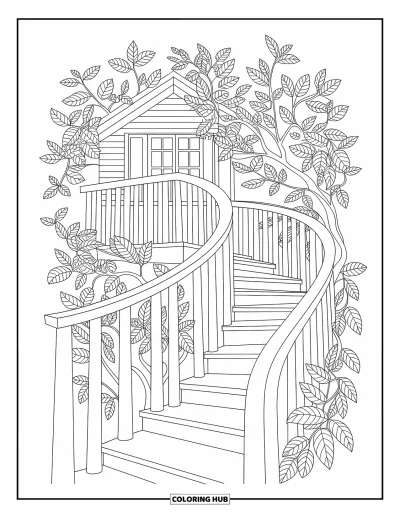 Desenho de Casa na Árvore para Adultos: Uma casa na árvore tranquila com escadas sinuosas e folhagem detalhada