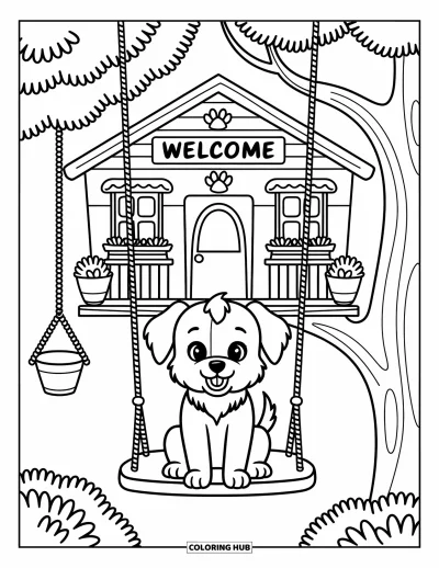 Desenho de Casa na Árvore para Adultos: Um cachorrinho brincalhão em um balanço sob uma casa na árvore com decorações fofas