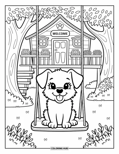 Desenho de Casa na Árvore para Adultos: Um cachorrinho em um balanço abaixo de uma casa na árvore decorada com placas de boas-vindas