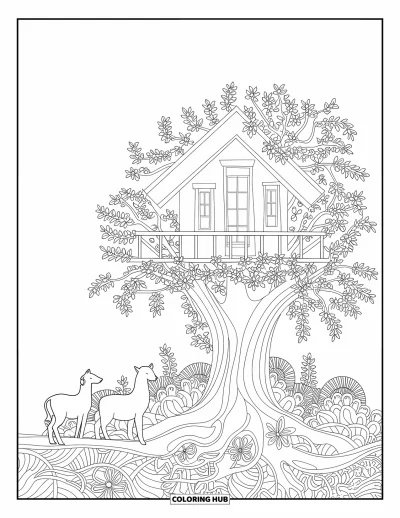 Desenho de Casa na Árvore para Adultos: Uma casa na árvore rústica cercada por vinhas, flores e vida selvagem