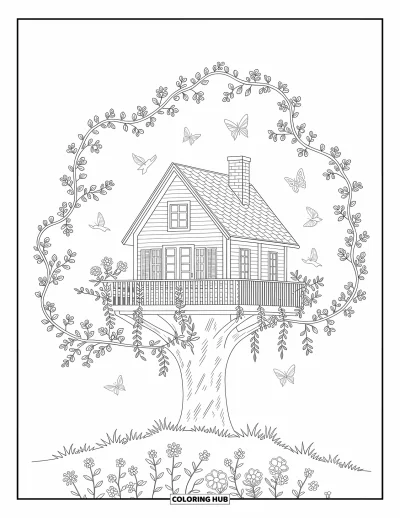 Desenho de Casa na Árvore para Adultos: Uma casa na árvore rústica com vinhas, flores e pássaros esvoaçantes