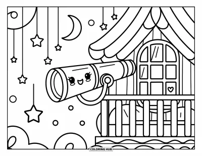 Desenho de Casa na Árvore para Adultos: Uma varanda de casa na árvore com um telescópio kawaii e estrelas penduradas