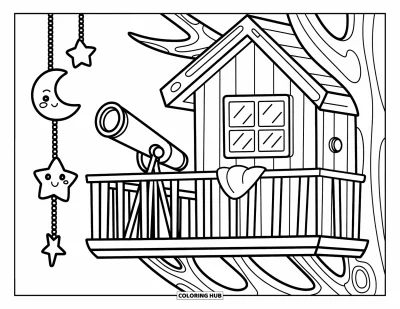 Desenho de Casa na Árvore para Adultos: Uma varanda de casa na árvore com um telescópio, estrelas e vibrações aconchegantes