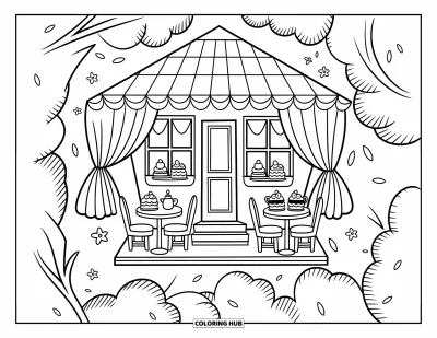 Desenho de Casa na Árvore para Adultos: Um café na casa da árvore com jogos de chá, bolos e cortinas charmosas entre os galhos