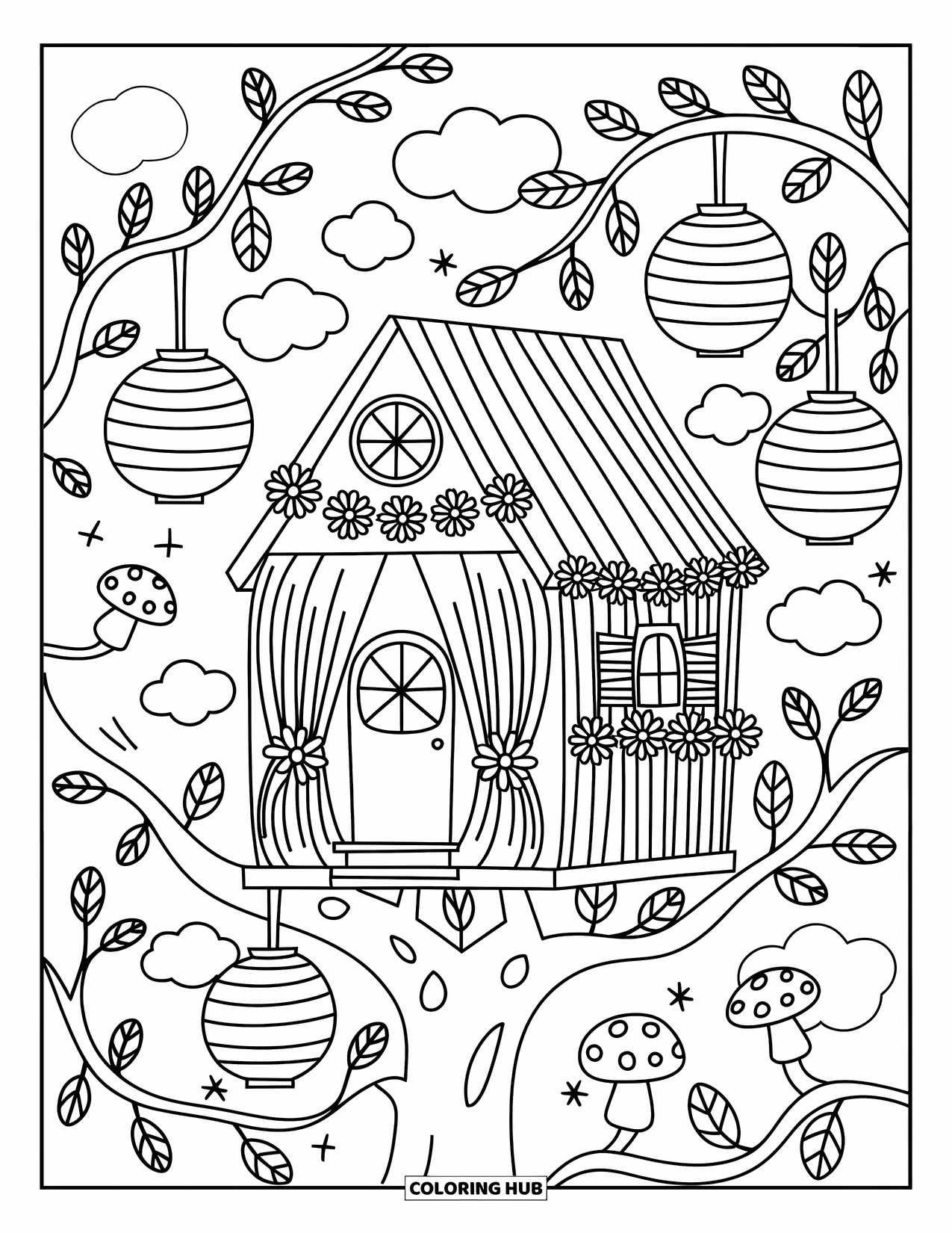Treehouse Coloring Page for Adults: A treehouse decorated with lanterns, curtains, and flower garlands