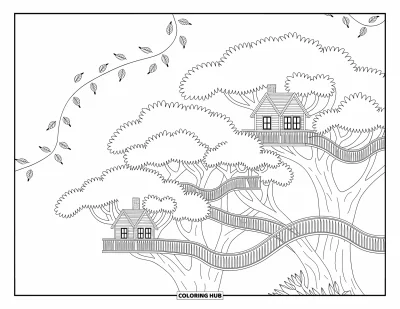 Desenho de Casa na Árvore para Adultos: Uma paisagem de casa na árvore com grades e pontes intrincadas entre galhos exuberantes