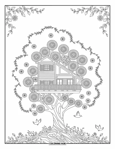 Desenho de Casa na Árvore para Adultos: Uma casa na árvore cercada por flores e pássaros gentis em detalhes intrincados