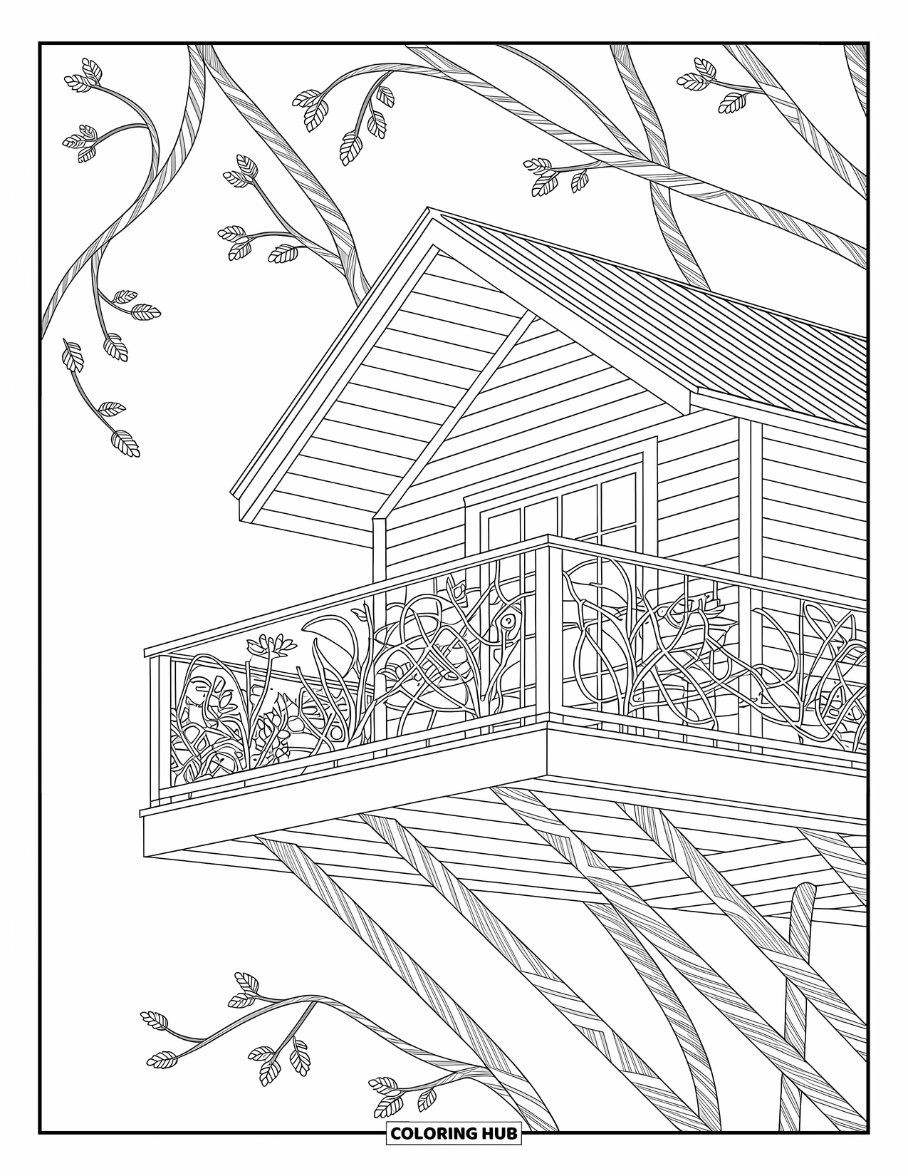Treehouse Coloring Page for Adults: A treehouse with detailed railings and lush branches