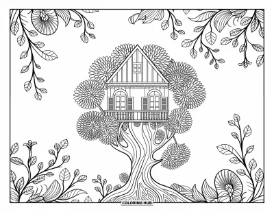 Desenho de Casa na Árvore para Adultos: Uma casa na árvore com janelas detalhadas, varandas e padrões florais