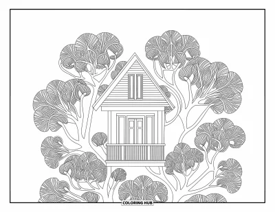 Desenho de Casa na Árvore para Adultos: Uma casa na árvore com padrões florais, janelas detalhadas e varandas charmosas