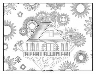 Desenho de Casa na Árvore para Adultos: Uma casa na árvore com detalhes intrincados, padrões florais e varandas charmosas
