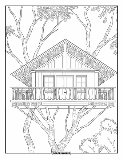 Desenho de Casa na Árvore para Adultos: Uma casa na árvore com grades e galhos intrincados em um ambiente sereno
