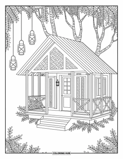 Desenho de Casa na Árvore para Adultos: Uma casa na árvore com lanternas, uma varanda e vinhas rodopiantes