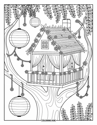 Desenho de Casa na Árvore para Adultos: Uma casa na árvore com lanternas de papel e guirlandas de flores entre galhos frondosos