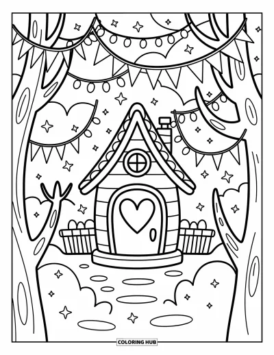 Desenho de Casa na Árvore para Adultos: Uma cabana no topo da árvore com uma janela em forma de coração e luzes de fada