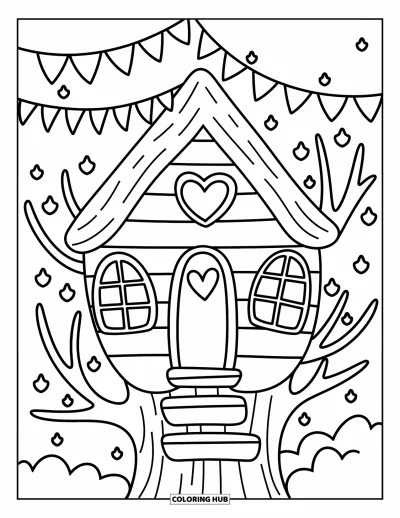 Desenho de Casa na Árvore para Adultos: Uma cabana no topo da árvore com bandeirinhas, luzes de fada e uma janela em forma de coração