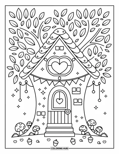 Desenho de Casa na Árvore para Adultos: Uma cabana no topo da árvore com bandeiras, luzes e pequenos cogumelos ao redor