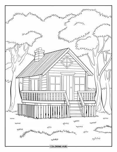 Desenho de casa na árvore para colorir para crianças: Uma casa na árvore estilo cabana com chaminé e escada de madeira