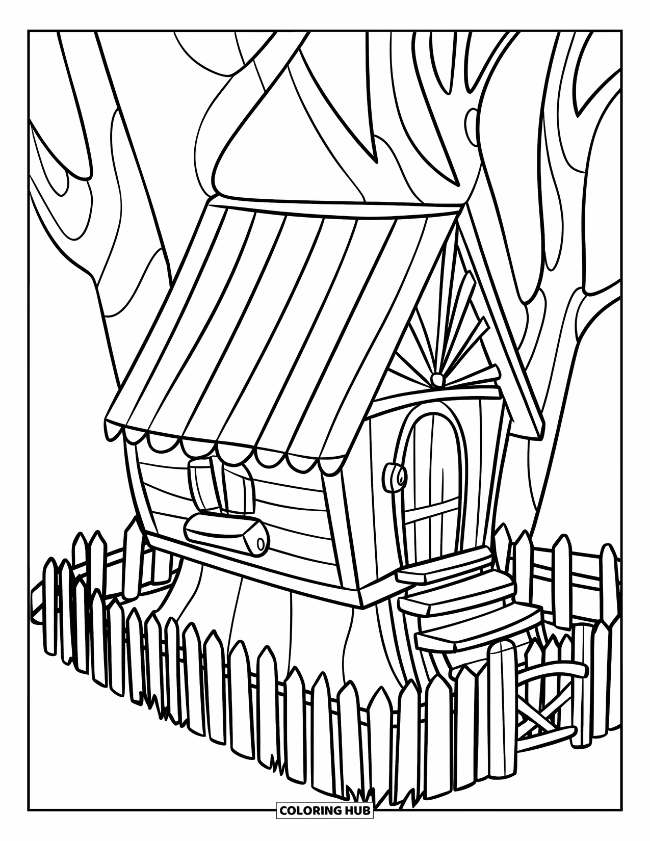 Treehouse Coloring Page for Kids: A cabin-style treehouse with a triangular roof and a small door